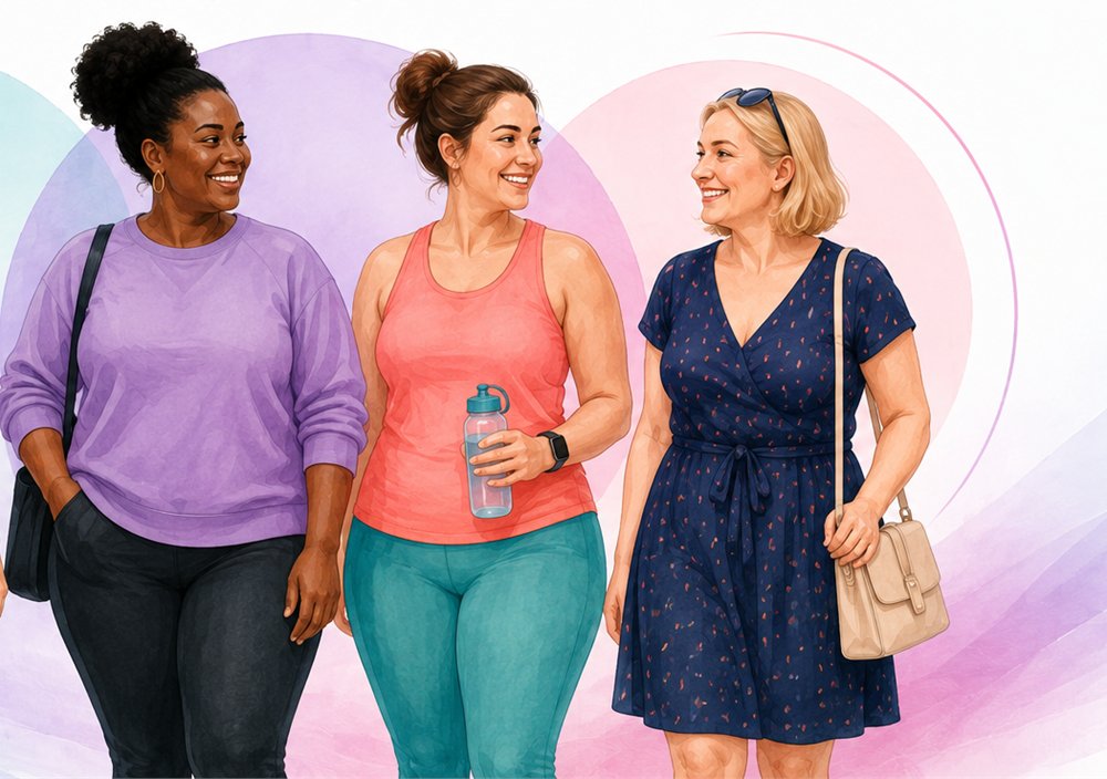 An illustration of three women of different ages and ethnicities walking together and talking, one carrying a water bottle.