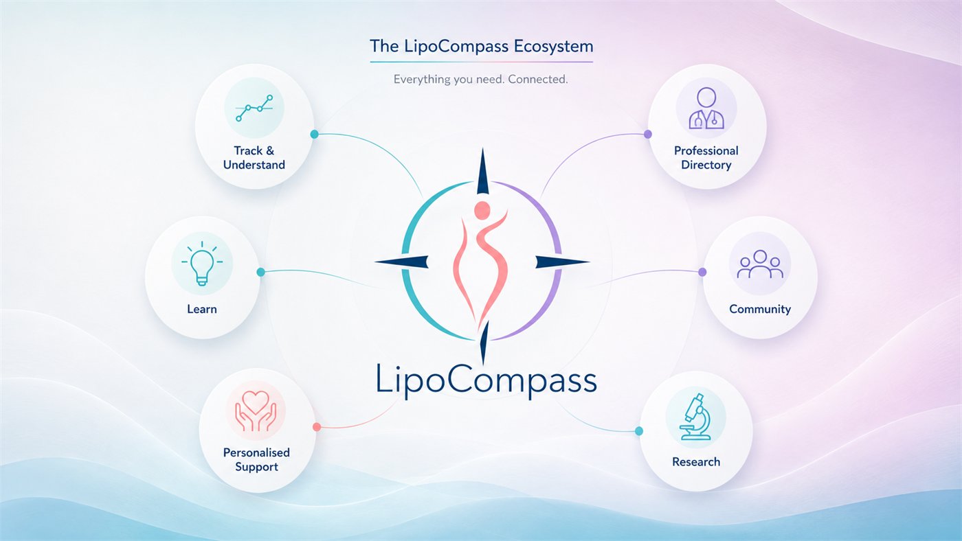 A diagram titled The LipoCompass Ecosystem, with the LipoCompass compass mark at the centre connected to six areas: Track and Understand, Learn, Personalised Support, Professional Directory, Community, and Research.